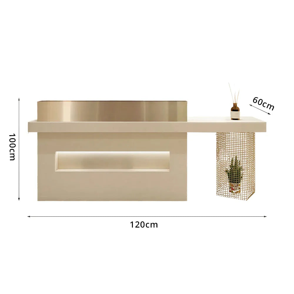 LUXORA Modern Reception Desk with Illuminated Logo Panel and Display Shelf for Salon Retail Store Office - Cream & Gold