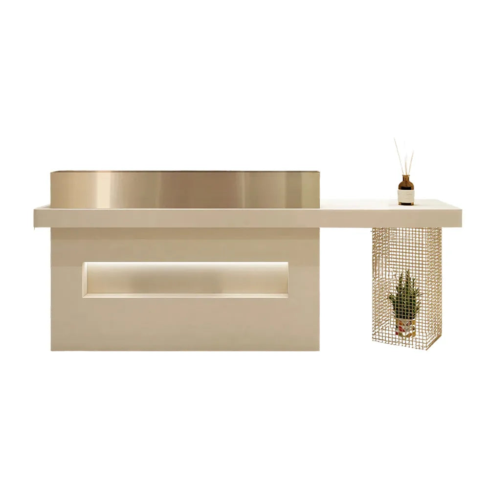 LUXORA Modern Reception Desk with Illuminated Logo Panel and Display Shelf for Salon Retail Store Office - Cream & Gold