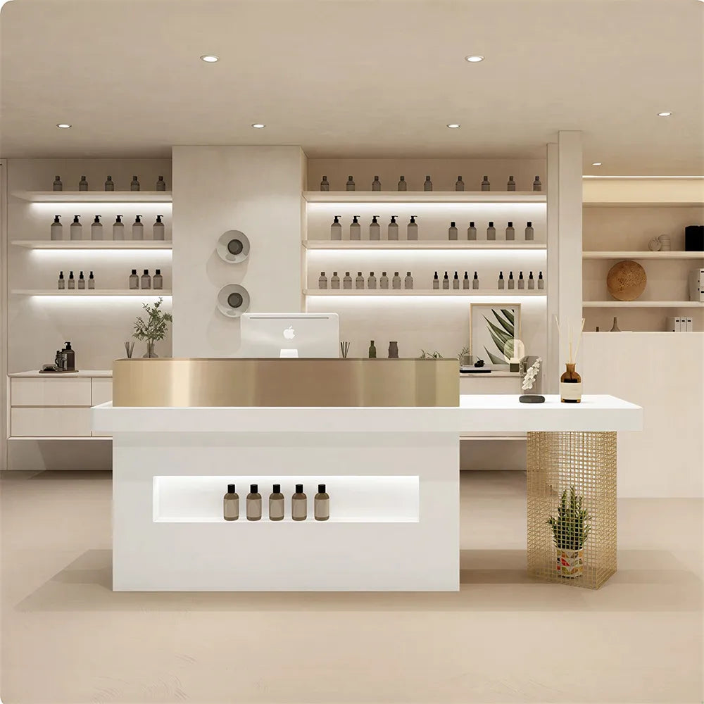LUXORA Modern Reception Desk with Illuminated Logo Panel and Display Shelf for Salon Retail Store Office - White & Gold