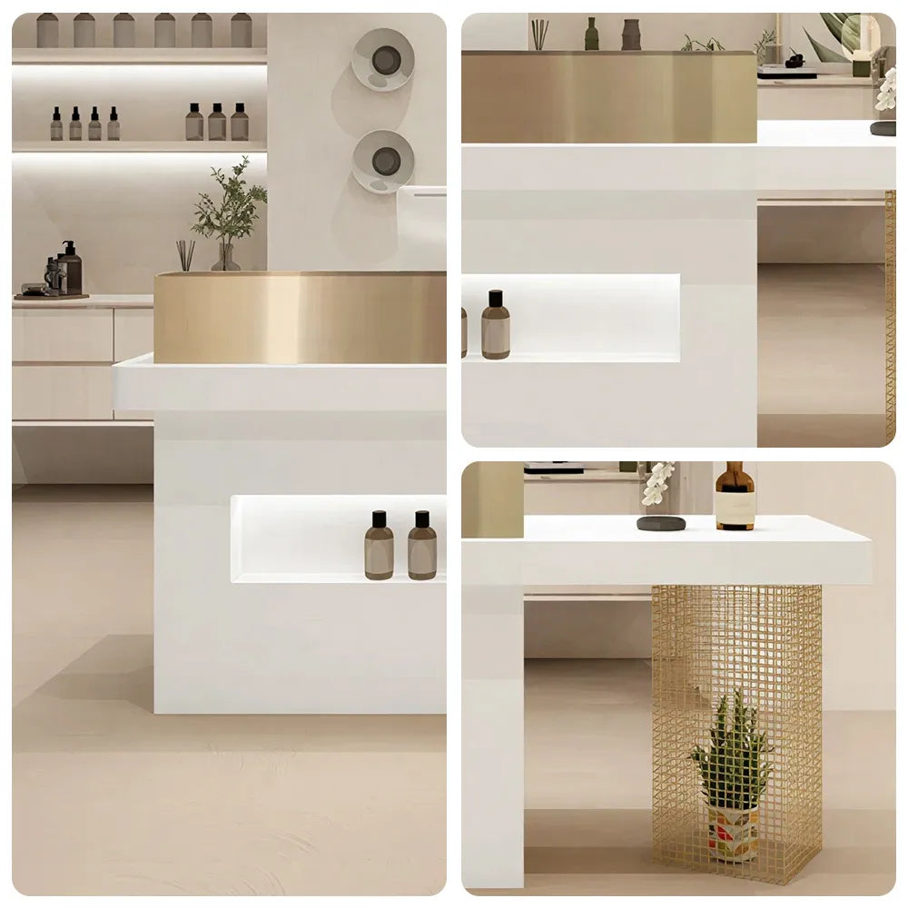 LUXORA Modern Reception Desk with Illuminated Logo Panel and Display Shelf for Salon Retail Store Office - White & Gold