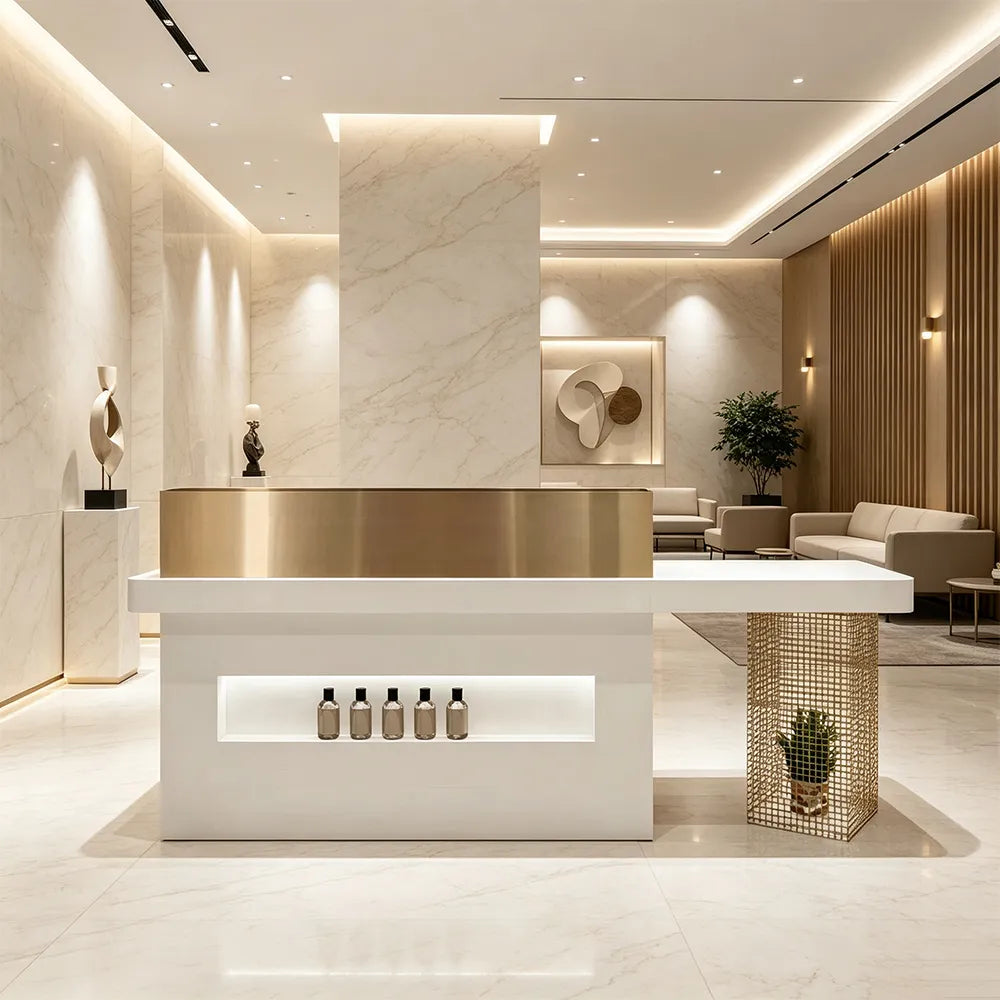 LUXORA Modern Reception Desk with Illuminated Logo Panel and Display Shelf for Salon Retail Store Office - White & Gold