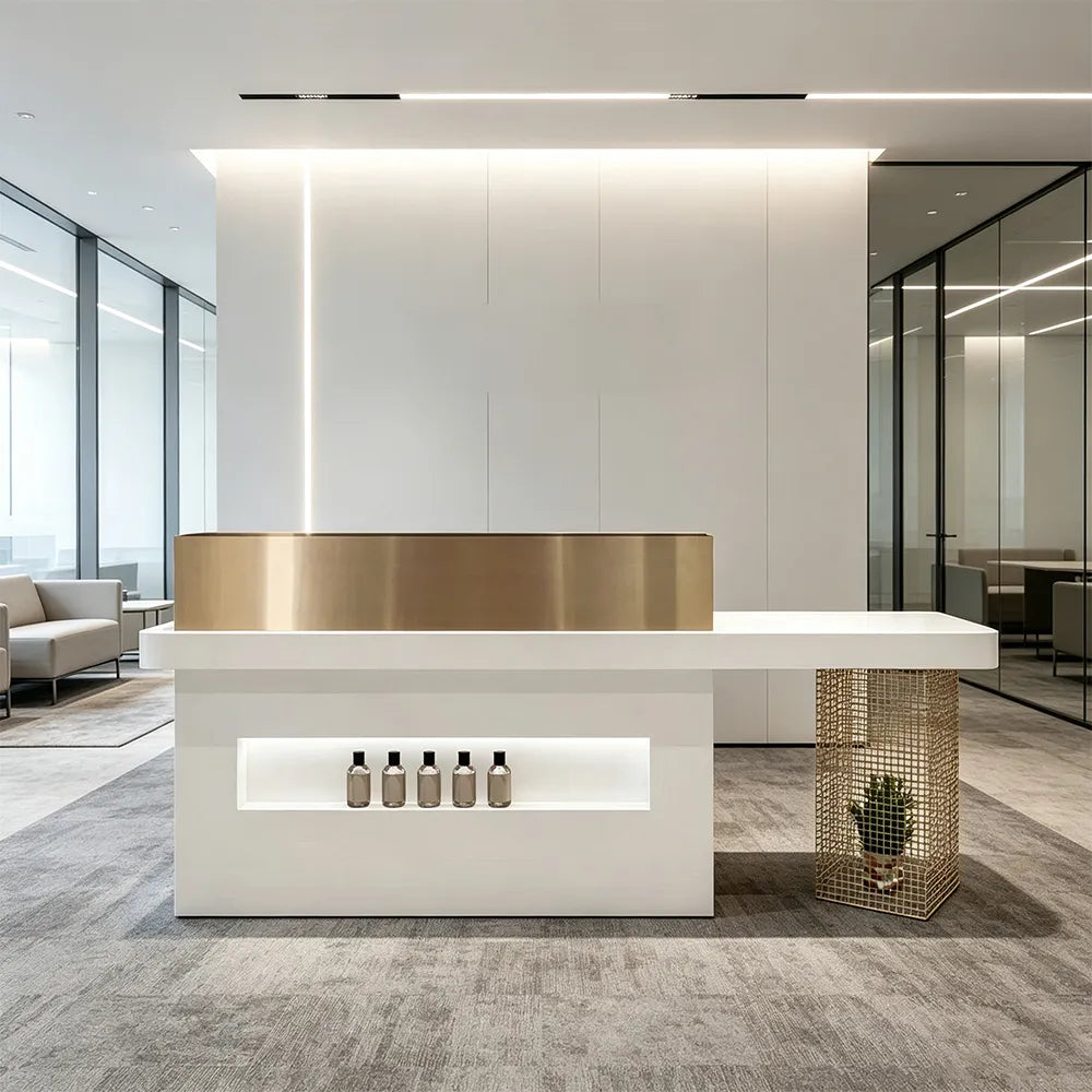 LUXORA Modern Reception Desk with Illuminated Logo Panel and Display Shelf for Salon Retail Store Office - White & Gold