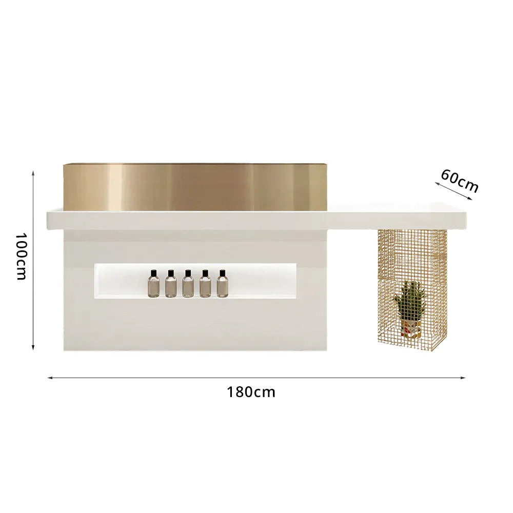 LUXORA Modern Reception Desk with Illuminated Logo Panel and Display Shelf for Salon Retail Store Office - White & Gold