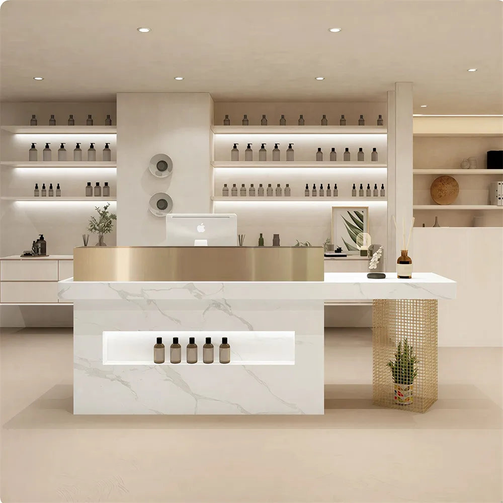 LUXORA Modern Marble-Look Reception Desk with Display Shelf Checkout Counter for Salon Retail Store - Fish Belly White & Gold Stainless Steel