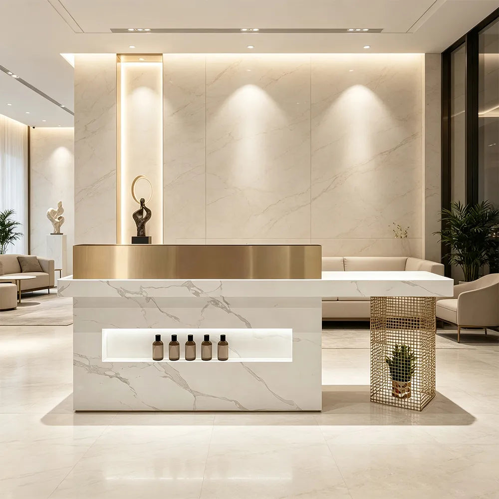 LUXORA Modern Marble-Look Reception Desk with Display Shelf Checkout Counter for Salon Retail Store - Fish Belly White & Gold Stainless Steel