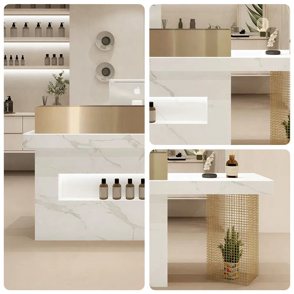 LUXORA Modern Marble-Look Reception Desk with Display Shelf Checkout Counter for Salon Retail Store - Fish Belly White & Gold Stainless Steel