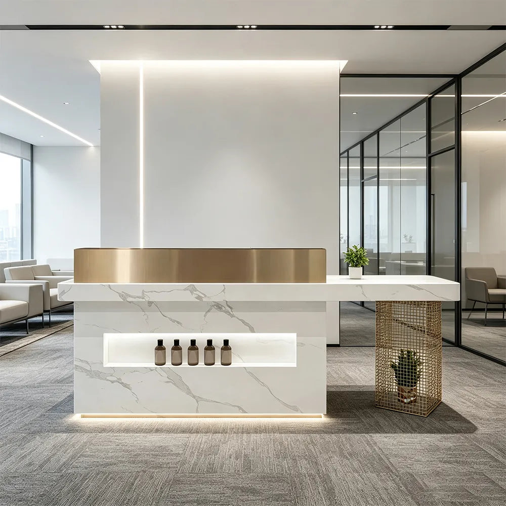 LUXORA Modern Marble-Look Reception Desk with Display Shelf Checkout Counter for Salon Retail Store - Fish Belly White & Gold Stainless Steel