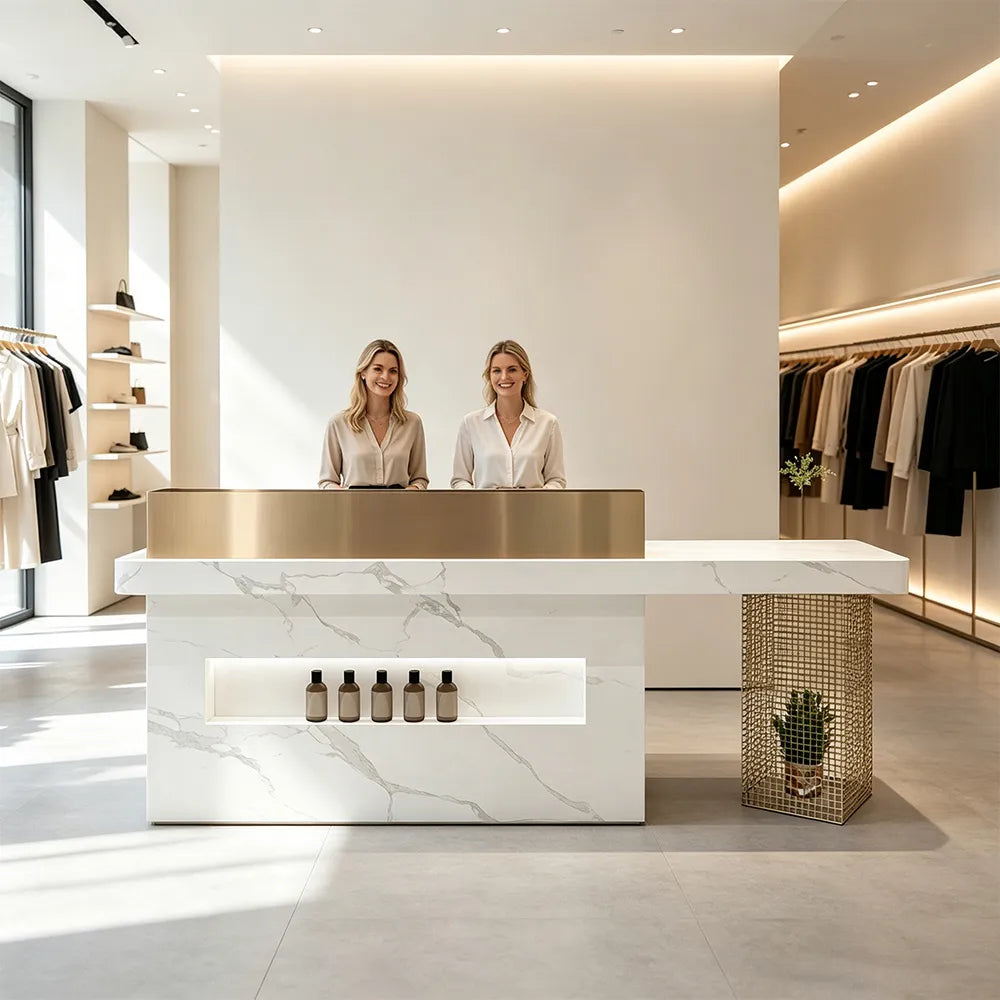 LUXORA Modern Marble-Look Reception Desk with Display Shelf Checkout Counter for Salon Retail Store - Fish Belly White & Gold Stainless Steel