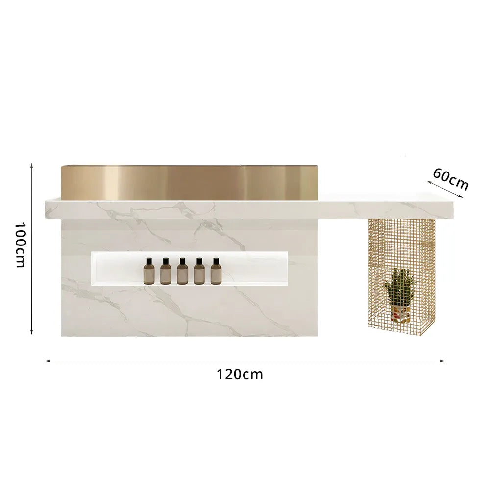 LUXORA Modern Marble-Look Reception Desk with Display Shelf Checkout Counter for Salon Retail Store - Fish Belly White & Gold Stainless Steel