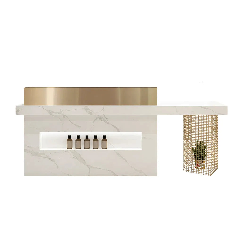 LUXORA Modern Marble-Look Reception Desk with Display Shelf Checkout Counter for Salon Retail Store - Fish Belly White & Gold Stainless Steel