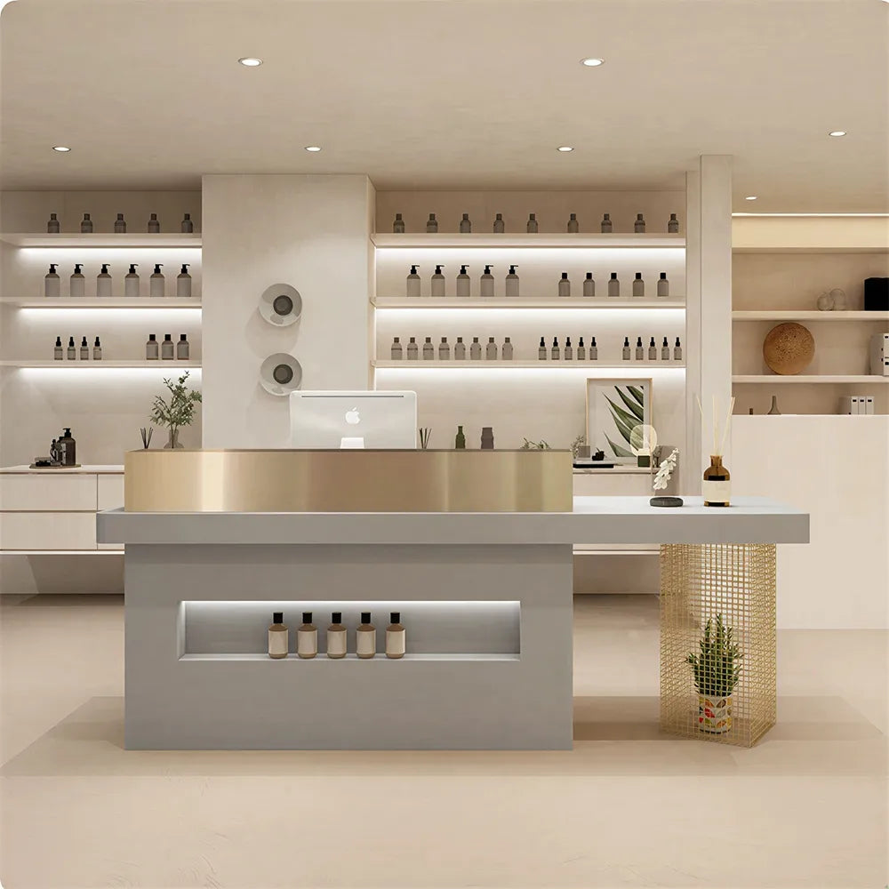 LUXORA Modern Reception Desk with Display Niche and Metal Mesh Side Panel for Salon Retail Store - Space Grey & Gold Stainless Steel