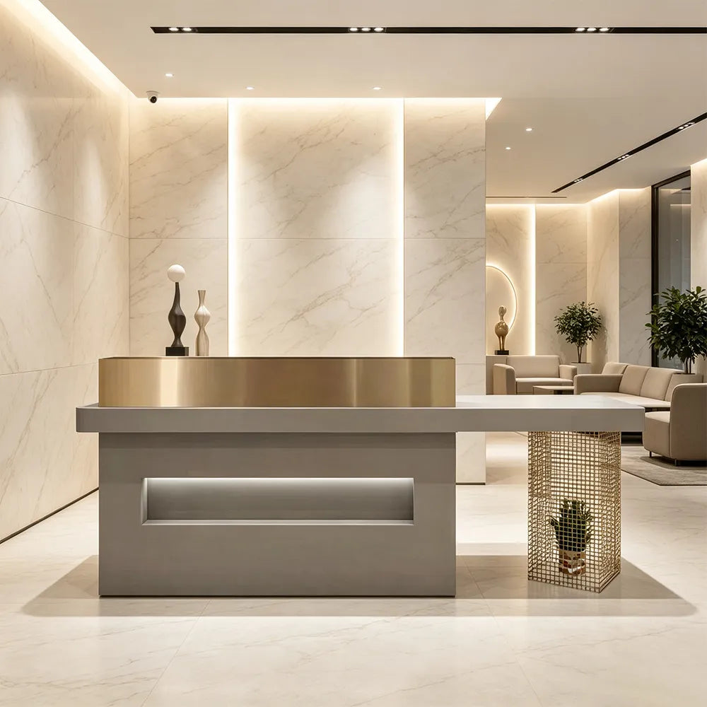 LUXORA Modern Reception Desk with Display Niche and Metal Mesh Side Panel for Salon Retail Store - Space Grey & Gold Stainless Steel