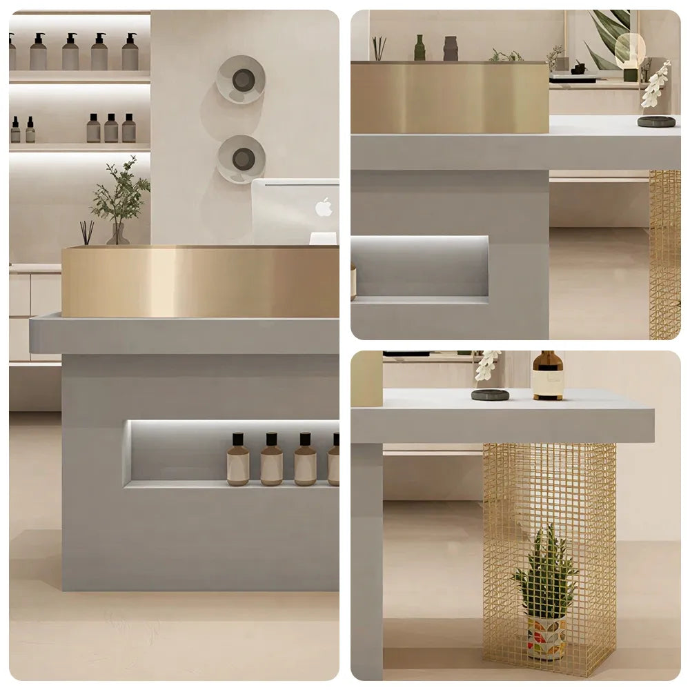 LUXORA Modern Reception Desk with Display Niche and Metal Mesh Side Panel for Salon Retail Store - Space Grey & Gold Stainless Steel
