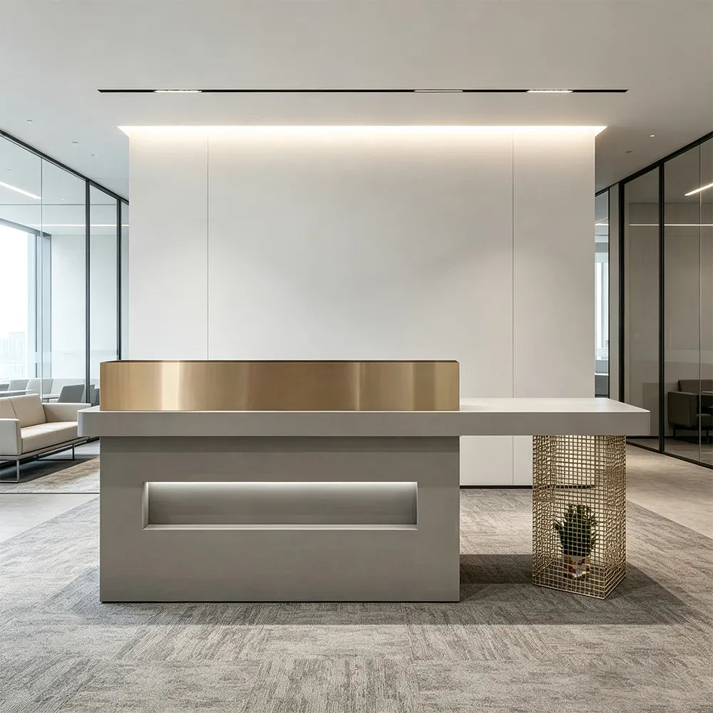 LUXORA Modern Reception Desk with Display Niche and Metal Mesh Side Panel for Salon Retail Store - Space Grey & Gold Stainless Steel