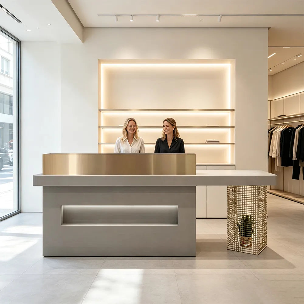 LUXORA Modern Reception Desk with Display Niche and Metal Mesh Side Panel for Salon Retail Store - Space Grey & Gold Stainless Steel