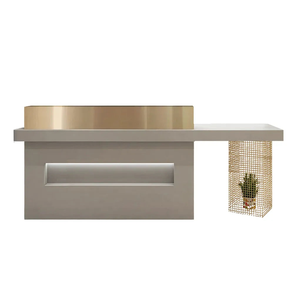 LUXORA Modern Reception Desk with Display Niche and Metal Mesh Side Panel for Salon Retail Store - Space Grey & Gold Stainless Steel