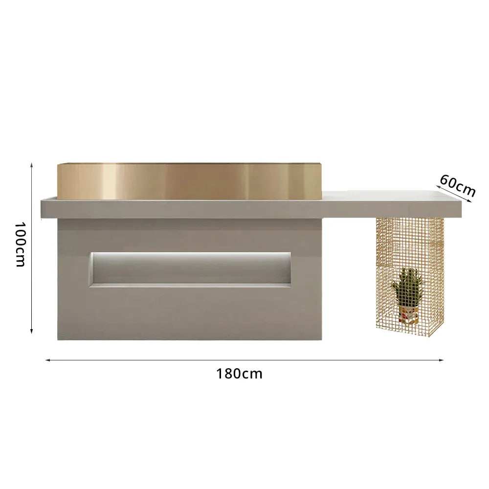 LUXORA Modern Reception Desk with Display Niche and Metal Mesh Side Panel for Salon Retail Store - Space Grey & Gold Stainless Steel