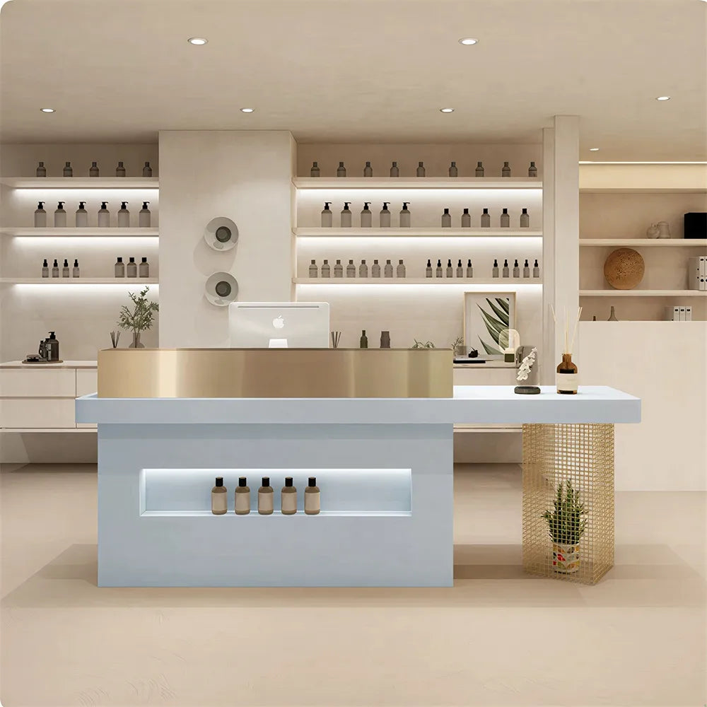 LUXORA Modern Reception Desk with Display Niche and Metal Mesh Side Panel for Salon Retail Store - Blue & Gold Stainless Steel