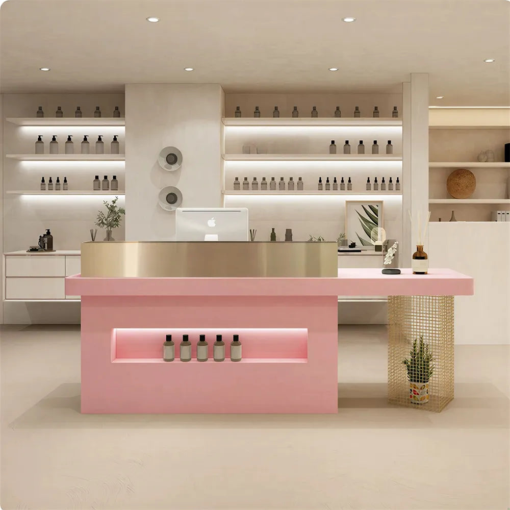 LUXORA Modern Reception Desk with Display Niche and Metal Mesh Side Panel for Salon Retail Store - Pink & Gold Stainless Steel