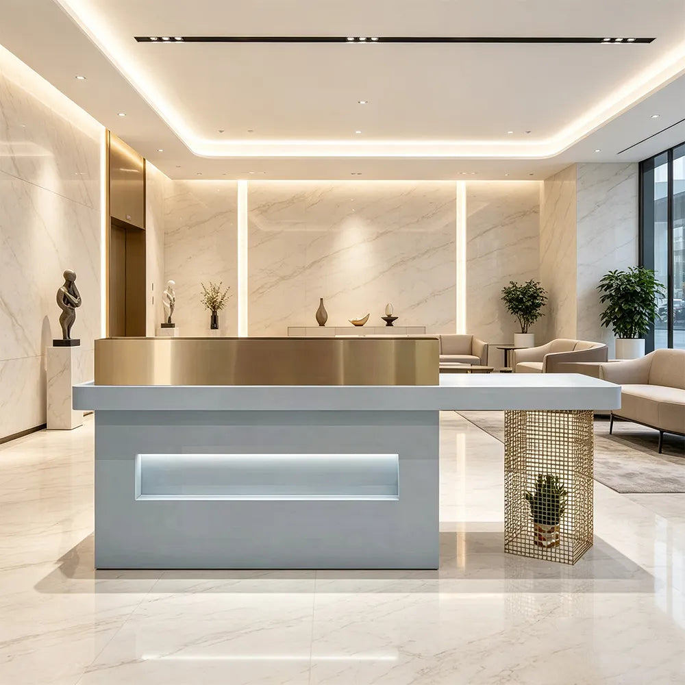 LUXORA Modern Reception Desk with Display Niche and Metal Mesh Side Panel for Salon Retail Store - Blue & Gold Stainless Steel