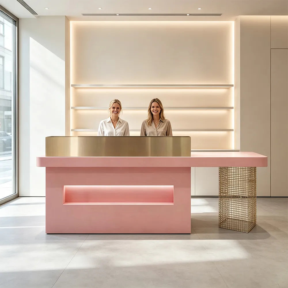 LUXORA Modern Reception Desk with Display Niche and Metal Mesh Side Panel for Salon Retail Store - Pink & Gold Stainless Steel