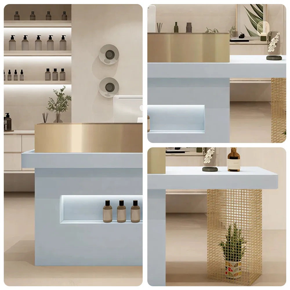 LUXORA Modern Reception Desk with Display Niche and Metal Mesh Side Panel for Salon Retail Store - Blue & Gold Stainless Steel