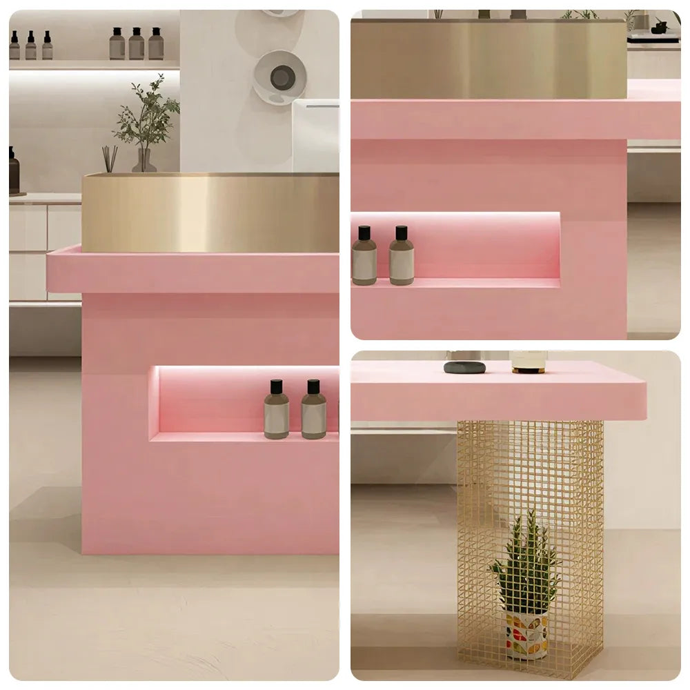 LUXORA Modern Reception Desk with Display Niche and Metal Mesh Side Panel for Salon Retail Store - Pink & Gold Stainless Steel