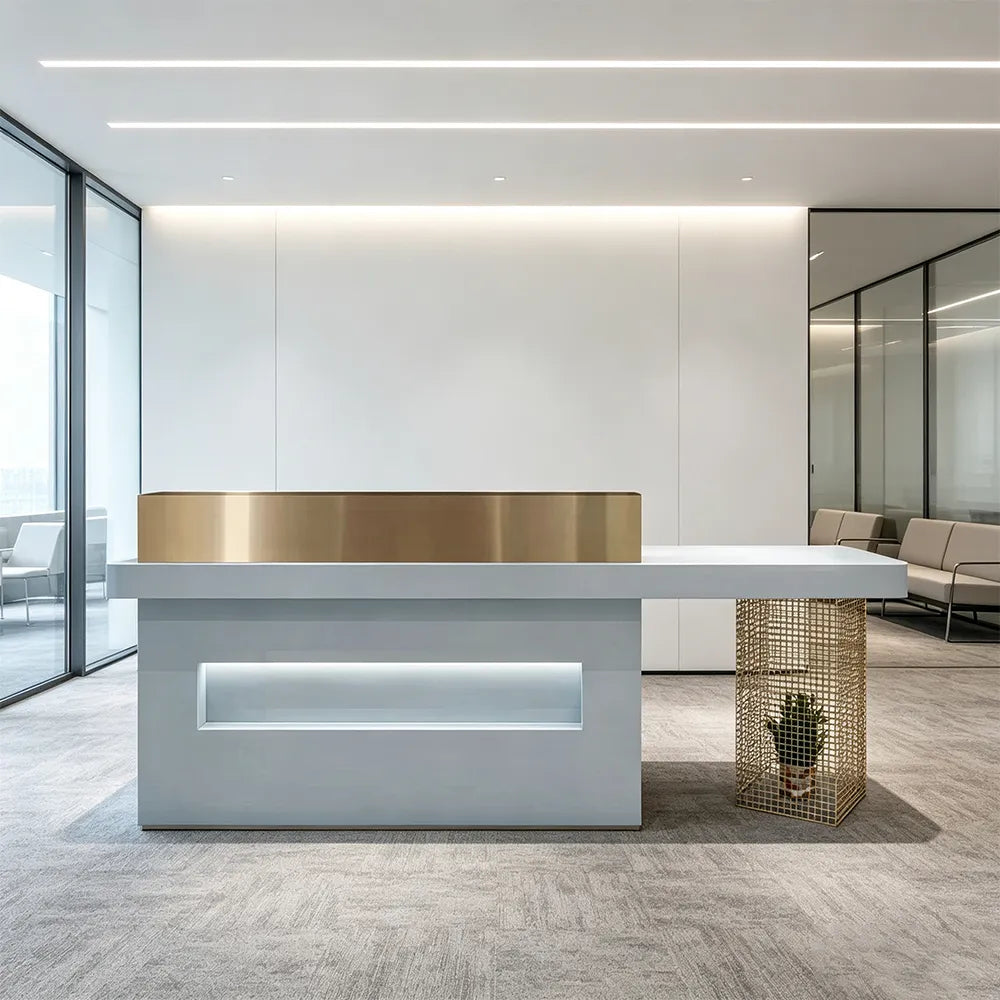 LUXORA Modern Reception Desk with Display Niche and Metal Mesh Side Panel for Salon Retail Store - Blue & Gold Stainless Steel