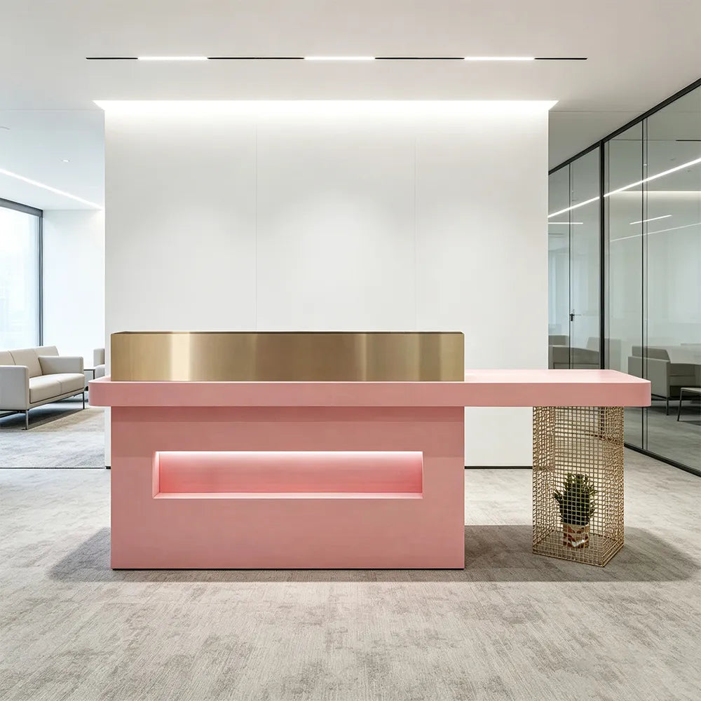 LUXORA Modern Reception Desk with Display Niche and Metal Mesh Side Panel for Salon Retail Store - Pink & Gold Stainless Steel