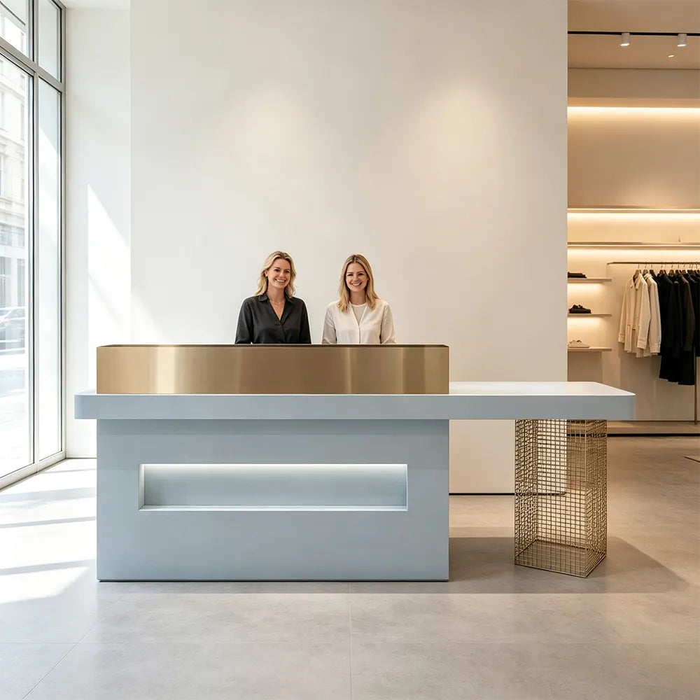 LUXORA Modern Reception Desk with Display Niche and Metal Mesh Side Panel for Salon Retail Store - Blue & Gold Stainless Steel