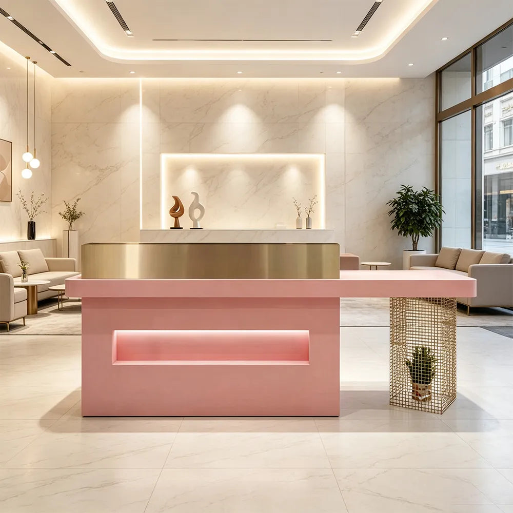LUXORA Modern Reception Desk with Display Niche and Metal Mesh Side Panel for Salon Retail Store - Pink & Gold Stainless Steel