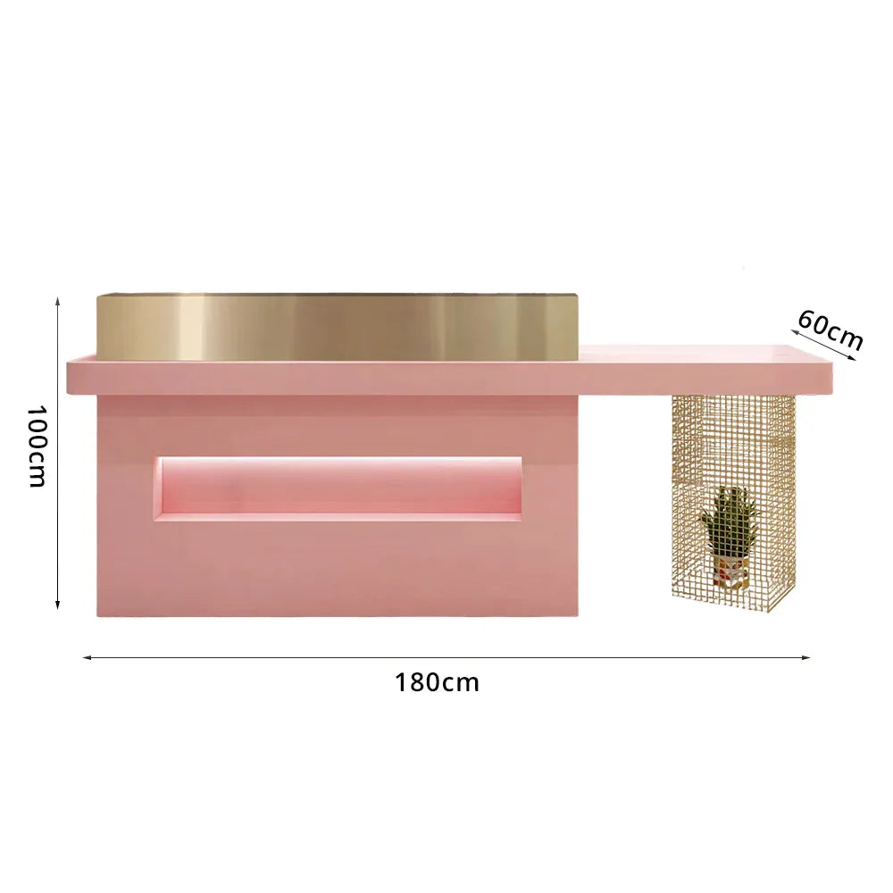 LUXORA Modern Reception Desk with Display Niche and Metal Mesh Side Panel for Salon Retail Store - Pink & Gold Stainless Steel