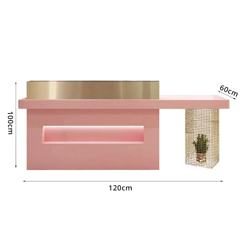 LUXORA Modern Reception Desk with Display Niche and Metal Mesh Side Panel for Salon Retail Store - Pink & Gold Stainless Steel
