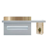 LUXORA Modern Reception Desk with Display Niche and Metal Mesh Side Panel for Salon Retail Store - Blue & Gold Stainless Steel