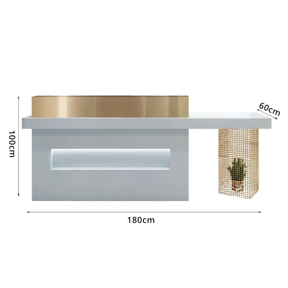 LUXORA Modern Reception Desk with Display Niche and Metal Mesh Side Panel for Salon Retail Store - Blue & Gold Stainless Steel