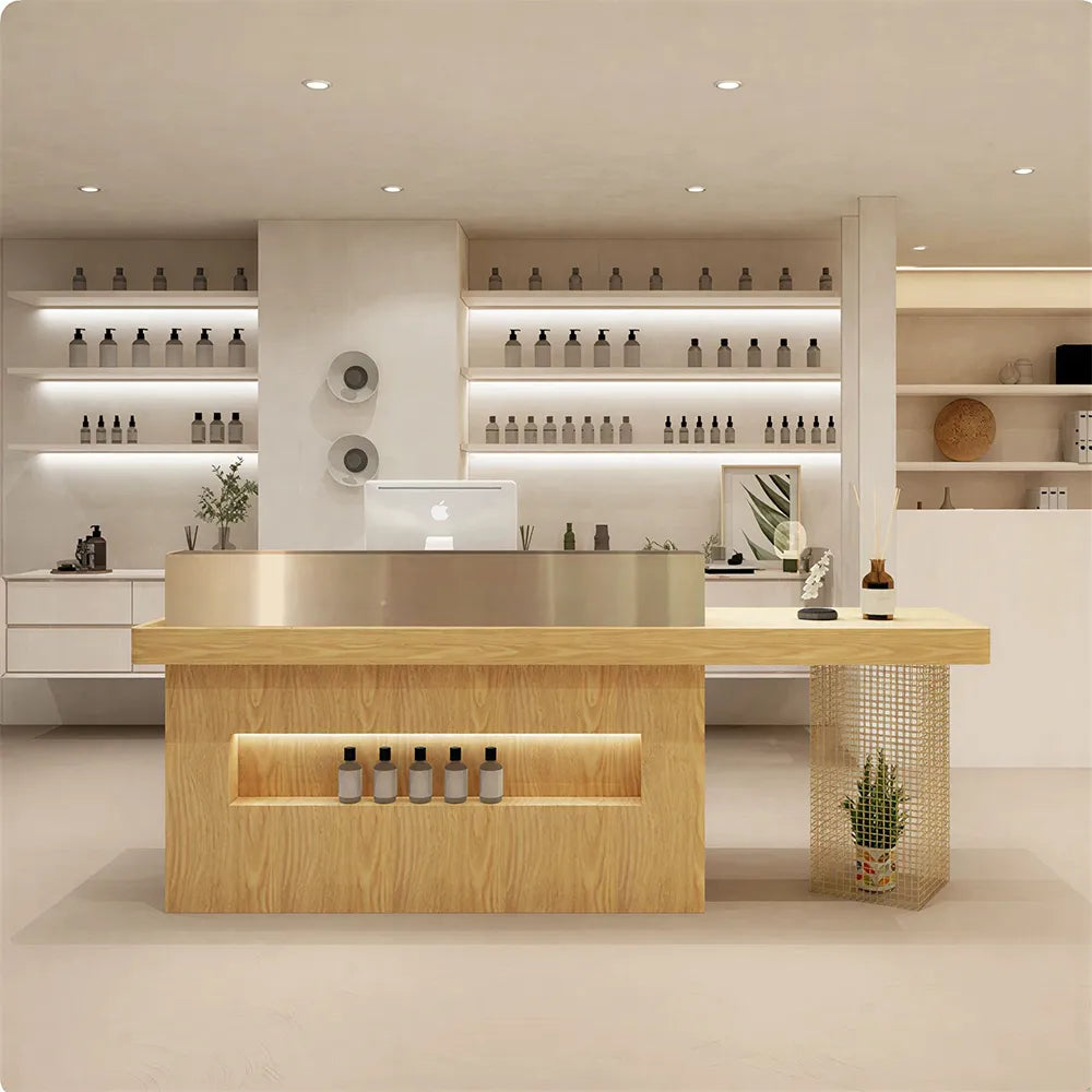 LUXORA Modern Reception Desk with Display Niche and Metal Mesh Side Panel for Salon Retail Store - Wood & Gold Stainless Steel