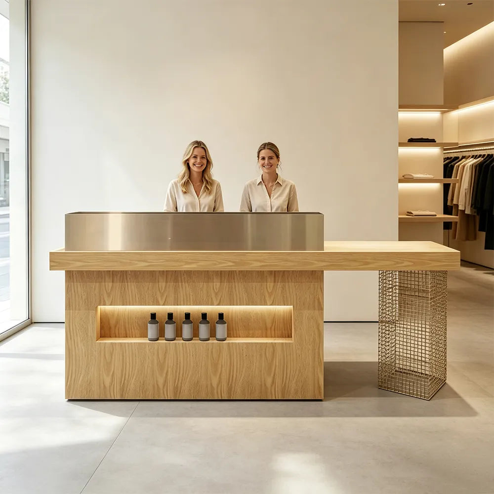 LUXORA Modern Reception Desk with Display Niche and Metal Mesh Side Panel for Salon Retail Store - Wood & Gold Stainless Steel