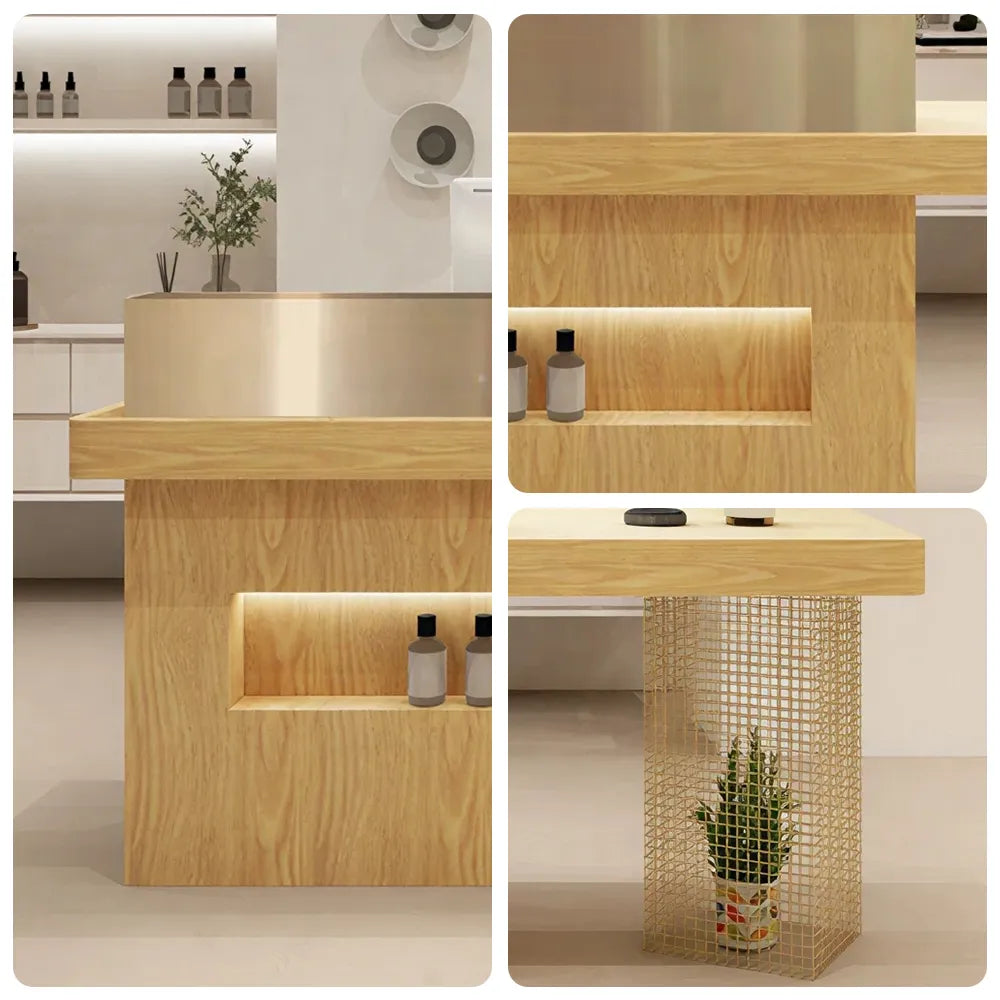 LUXORA Modern Reception Desk with Display Niche and Metal Mesh Side Panel for Salon Retail Store - Wood & Gold Stainless Steel