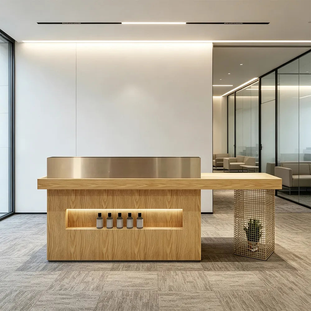 LUXORA Modern Reception Desk with Display Niche and Metal Mesh Side Panel for Salon Retail Store - Wood & Gold Stainless Steel