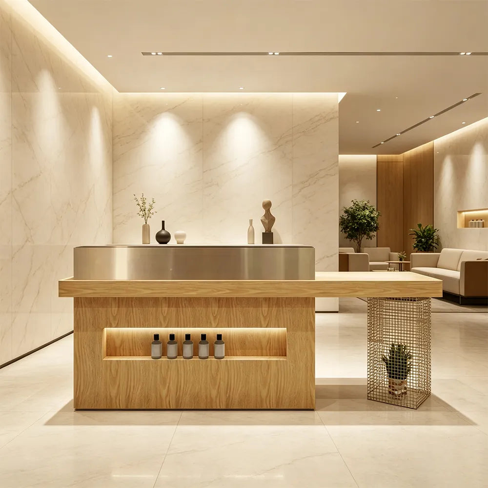 LUXORA Modern Reception Desk with Display Niche and Metal Mesh Side Panel for Salon Retail Store - Wood & Gold Stainless Steel
