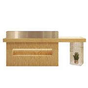 LUXORA Modern Reception Desk with Display Niche and Metal Mesh Side Panel for Salon Retail Store - Wood & Gold Stainless Steel
