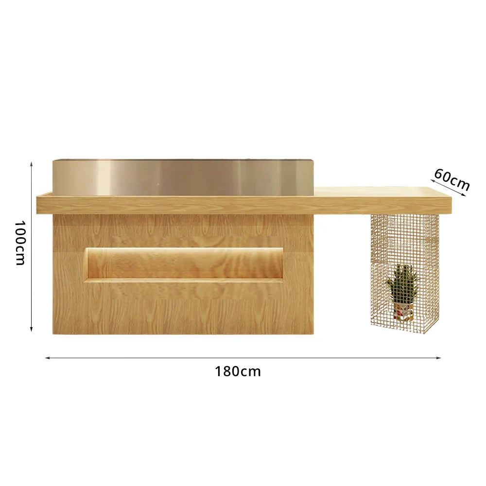 LUXORA Modern Reception Desk with Display Niche and Metal Mesh Side Panel for Salon Retail Store - Wood & Gold Stainless Steel