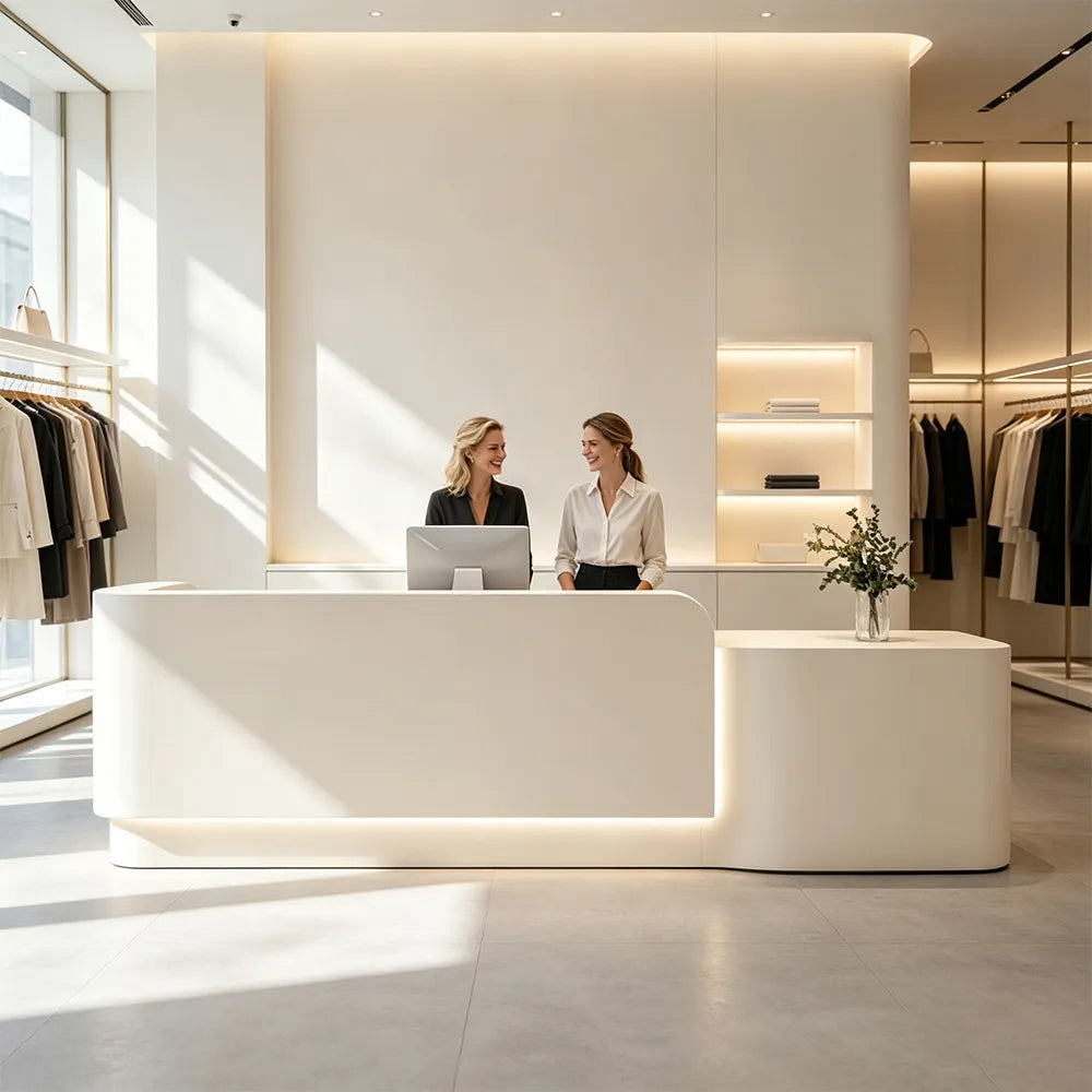 LUXORA Modern Reception Desk with Illuminated Stainless Steel Logo for Office Salon Retail Store - Beige