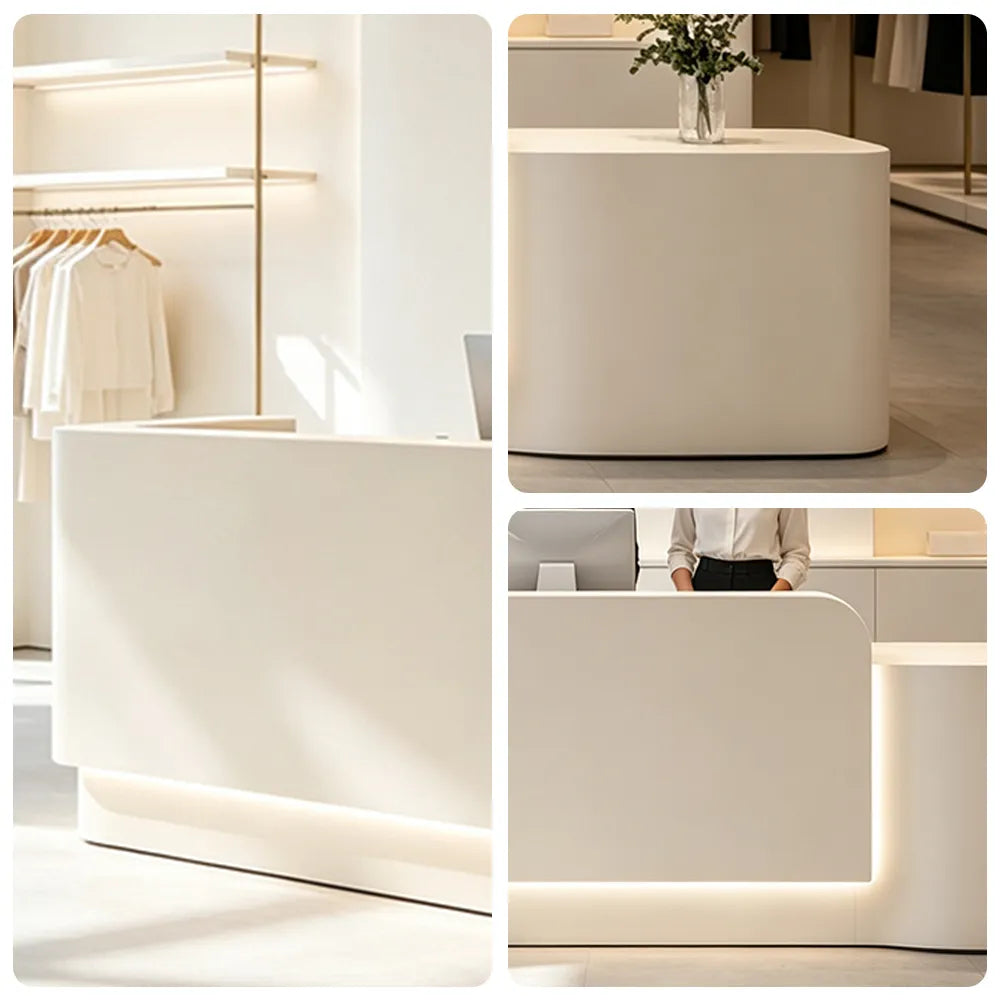 LUXORA Modern Reception Desk with Illuminated Stainless Steel Logo for Office Salon Retail Store - Beige