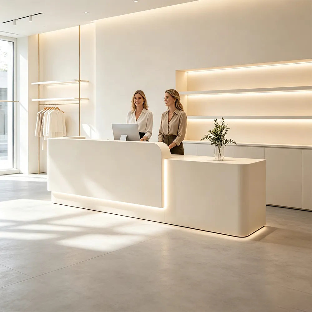 LUXORA Modern Reception Desk with Illuminated Stainless Steel Logo for Office Salon Retail Store - Beige