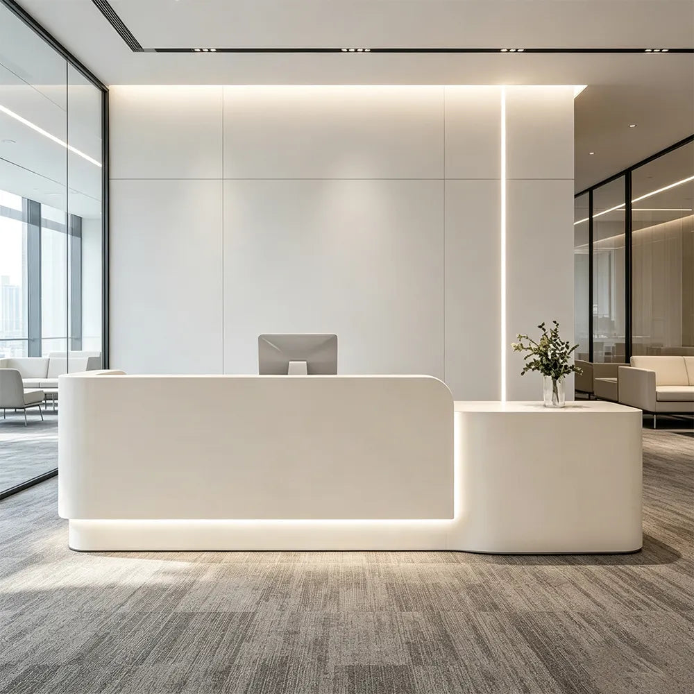 LUXORA Modern Reception Desk with Illuminated Stainless Steel Logo for Office Salon Retail Store - Beige