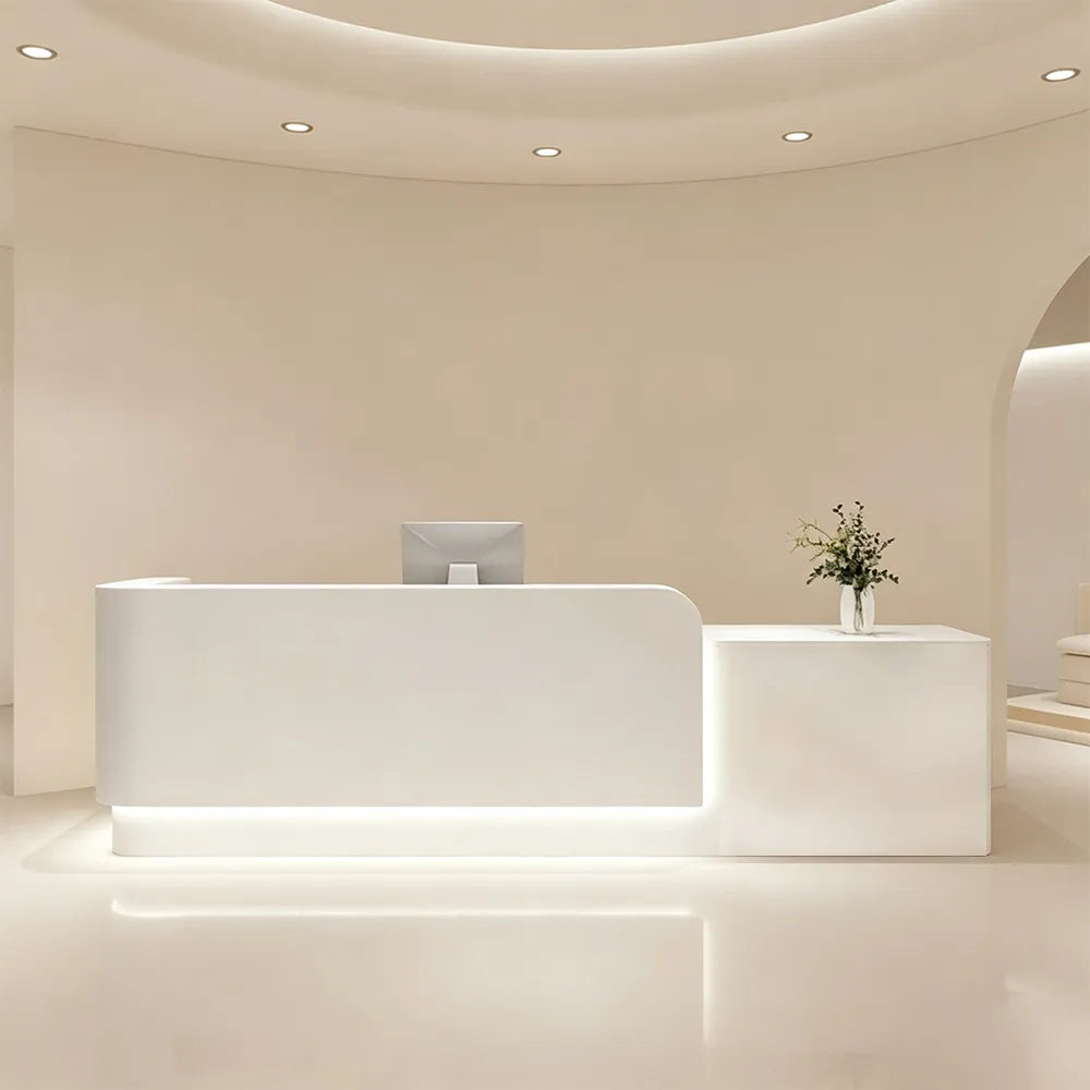 LUXORA Modern Reception Desk with Illuminated Stainless Steel Logo for Office Salon Retail Store - White