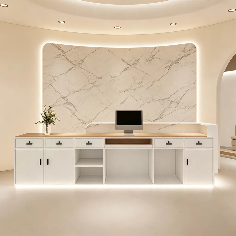 LUXORA Modern Reception Desk with Illuminated Stainless Steel Logo for Office Salon Retail Store - White