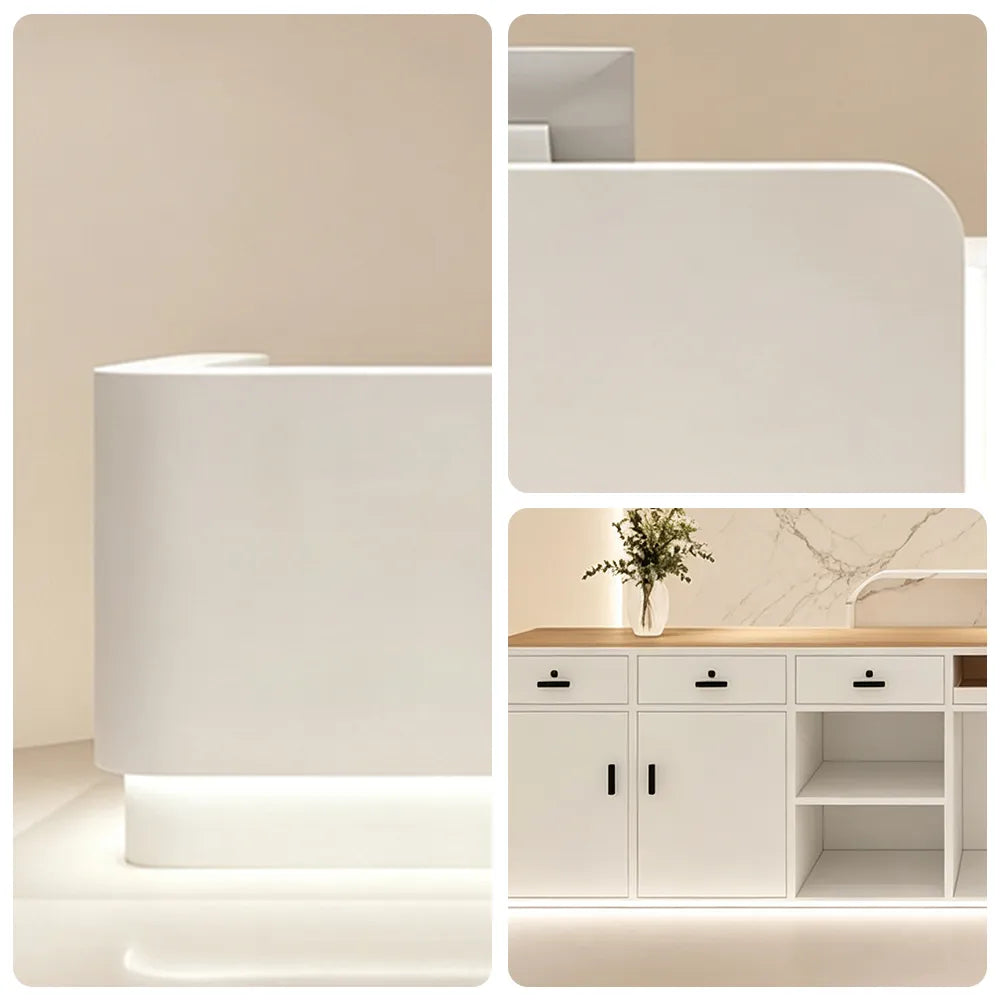 LUXORA Modern Reception Desk with Illuminated Stainless Steel Logo for Office Salon Retail Store - White
