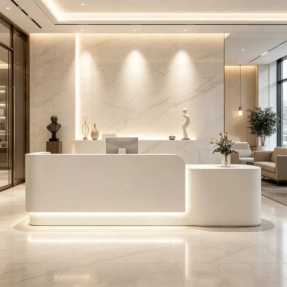 LUXORA Modern Reception Desk with Illuminated Stainless Steel Logo for Office Salon Retail Store - White